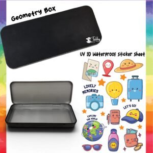 Kawaii Travel Theme Geometry Box DIY Kit – Premium Custom Black Metal Pencil Case with UV 3D Stickers