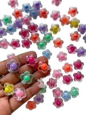 Transparent Flower Beads with Colorful Center – Assorted Colors, 100 gm