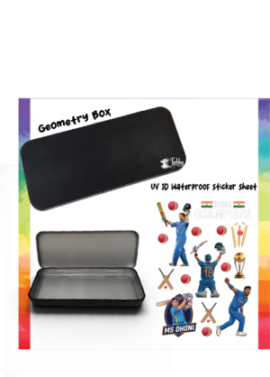 DIY Geometry Box Kit with India Cricket Champions UV 3D Waterproof Stickers – Matte Black Metal Pencil Box
