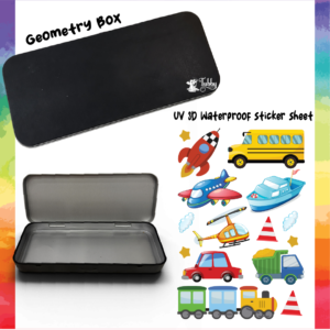 DIY Geometry Box Kit with Transportation Vehicle UV 3D Waterproof Stickers – Matte Black Metal Pencil Box