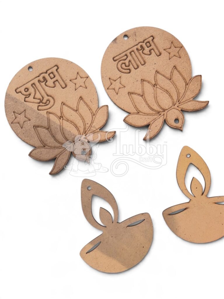 Unpainted MDF wooden cutouts for DIY Shubh Labh lotus round hangings and diya shapes from Tubby Craft.